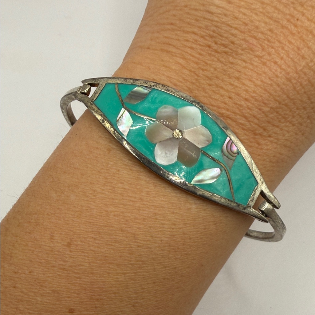 Vintage Alpaca Mexico Silver Green Abalone Mother Of Pearl Bangle Bracelet